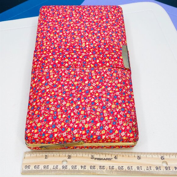 Vintage 70s Red Floral Chintz Jewelry Organizer Travel Case: Mirror Orange Liner - Picture 10 of 14